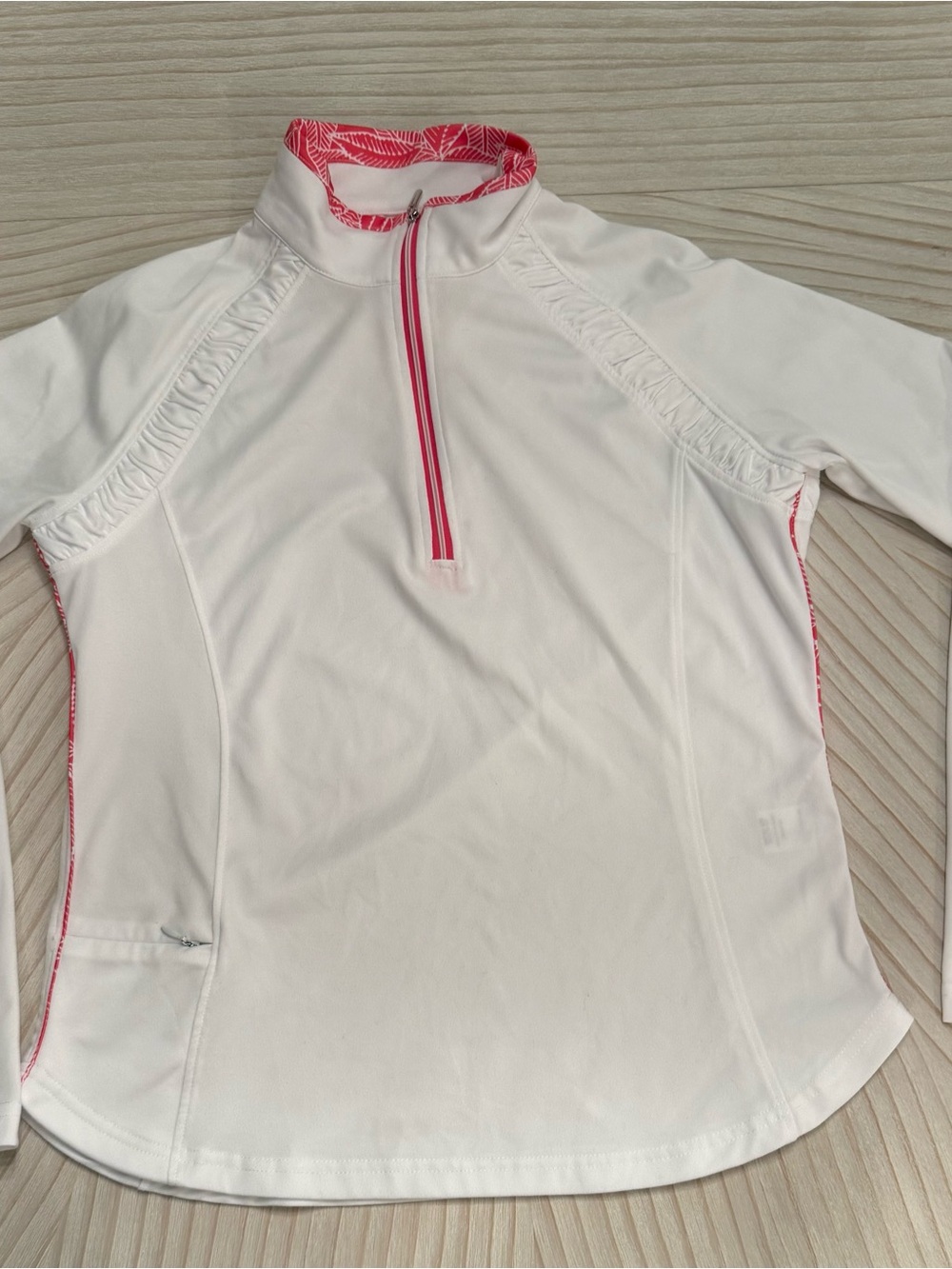 Pebble Beach White Long-Sleeve Half-Zip Top with Pink Trim
